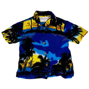 Thums Up Shirt Boys 3T Hawaiian Palm Tree Button Up Short Sleeve Blue Yellow